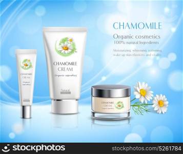 Cosmetics Products Realistic Advertisement Poster. Organic cosmetics skincare products realistic advertisement poster with chamomile extract anti allergy cream blue background vector illustration