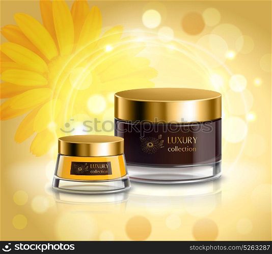 Cosmetics Products Realistic Composition Poster . Natural cosmetics and skincare luxury collection products realistic advertisement poster with night cream on bright background vector illustration