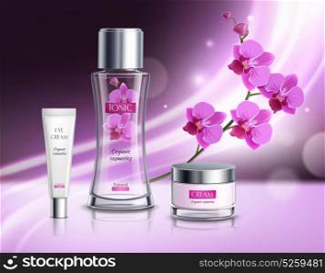 Cosmetics Products Realistic Composition Poster . Organic cosmetics skincare products realistic composition advertisement poster with natural flowers extract tonic vibrant violet background vector illustration