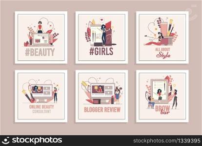 Cosmetics Products Review Blog or Video Channel, Women Fashion and Beauty Online Consultant, Beauty Saloon Service Banner Template Set. Blogger Audience, Streaming Video Lady Flat Vector Illustration