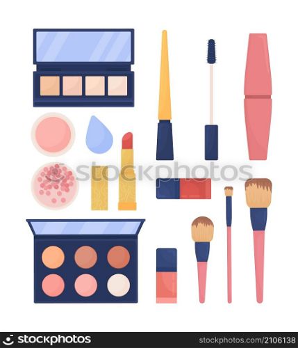 Cosmetics products semi flat color vector object set. Beauty and make up tool. Realistic item on white. Lifestyle isolated modern cartoon style illustration for graphic design and animation collection. Cosmetics products semi flat color vector object set