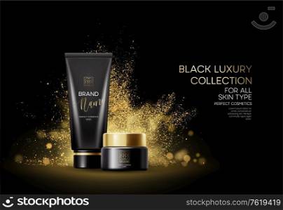 Cosmetics products with luxury collection composition on black blurred bokeh background with golden glitter dust. Vector illustrationEPS10. Cosmetics products with luxury collection composition on black blurred bokeh background with golden glitter dust. Vector illustration