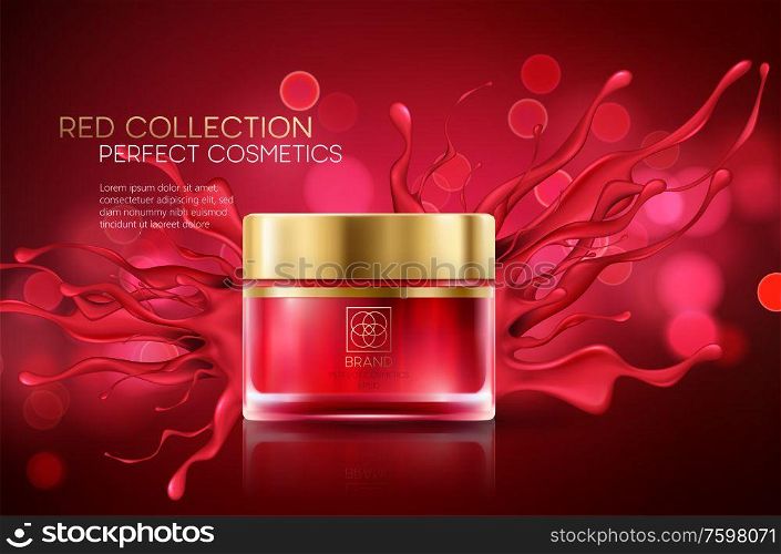 Cosmetics products with luxury collection composition on red blurred bokeh background. Vector illustration EPS10. Cosmetics products with luxury collection composition on red blurred bokeh background. Vector illustration