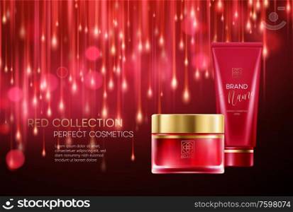 Cosmetics products with luxury collection composition on red blurred bokeh background. Vector illustration EPS10. Cosmetics products with luxury collection composition on red blurred bokeh background. Vector illustration