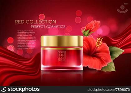 Cosmetics products with luxury collection composition on red blurred bokeh background with hibiscus flower. Vector illustration EPS10. Cosmetics products with luxury collection composition on red blurred bokeh background with hibiscus flower. Vector illustration