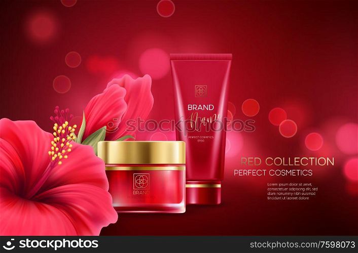 Cosmetics products with luxury collection composition on red blurred bokeh background with hibiscus flower. Vector illustration EPS10. Cosmetics products with luxury collection composition on red blurred bokeh background with hibiscus flower. Vector illustration
