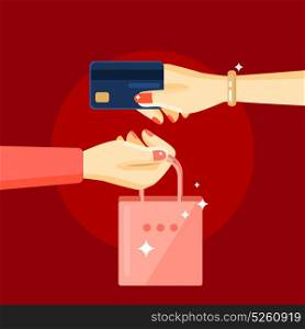 Cosmetics Purchase Composition. Cosmetics purchase composition with two flat style hands one of them give money to seller and other hand hold a package vector illustration