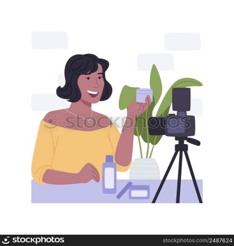 Cosmetics review isolated cartoon vector illustrations. Pretty girl reviewing cosmetic product on camera, beauty blogger, lifestyle channel, skincare class, recording live video vector cartoon.. Cosmetics review isolated cartoon vector illustrations.