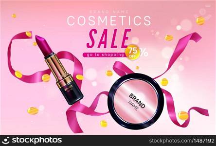 Cosmetics sale banner with lipstick and blush make up with confetti and pink ribbon beauty products. Makeup fuchsia colored rouge tube. Luxury promo ad template for magazine realistic 3d vector poster. Cosmetics sale banner with lipstick, blush make up