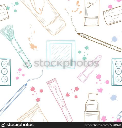 Cosmetics seamless pattern. Background with items of female decorative cosmetics, vector illustration. Template for packaging, wallpaper and backing, hand sketch.. Cosmetics seamless pattern.