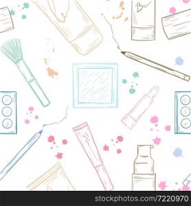 Cosmetics seamless pattern. Background with items of female decorative cosmetics, vector illustration. Template for packaging, wallpaper and backing, hand sketch.. Cosmetics seamless pattern.