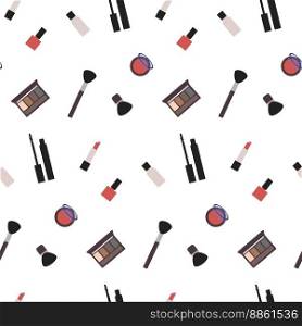 Cosmetics, seamless pattern, vector. Lipstick, mascara, pencils, powder and shadows, brushes, nail polish, jars of cosmetics.