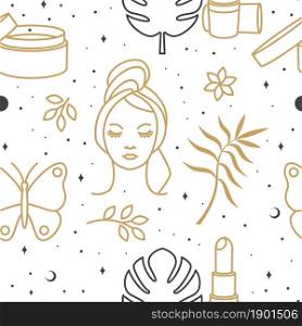 Cosmetics seamless texture, pattern, background, wallpaper, packaging design templates for Beauty center beauty salon, health care, cosmetic center. Vector illustration Line art style.. Cosmetics seamless texture, pattern, background, wallpaper, packaging design templates for Beauty center beauty salon, health care, cosmetic center. Vector illustration. Line art style.