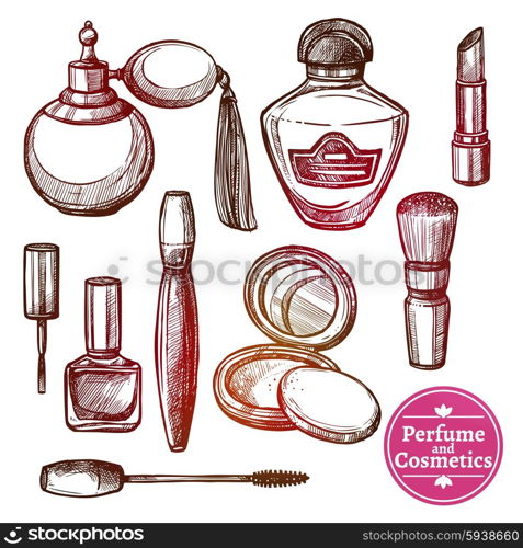 Cosmetics Set Hand Drawn Style. Perfume and cosmetics various elements and accessories set performed in hand drawn style isolated vector illustration