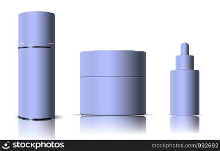 Cosmetics set with dropper, cream jar and spray can. Modern design Vector illustration. Quality bottles ready for your design.. Cosmetic set with dropper, cream jar, spray can.