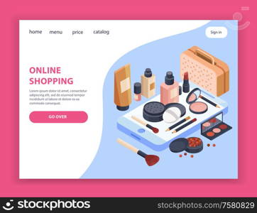 Cosmetics shopping page design with price and catalog symbols isometric vector illustration