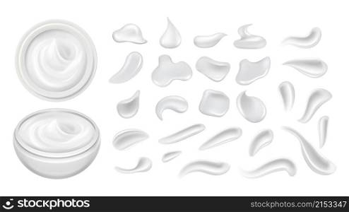 Cosmetics smear. Cream plastic can, smears white lotion or gel. Milk yogurt drops, isolated body care cosmetic realistic vector elements. Illustration of cosmetic product cream, smear face. Cosmetics smear. Cream plastic can, smears white lotion or gel. Milk yogurt drops, isolated body care cosmetic realistic vector elements