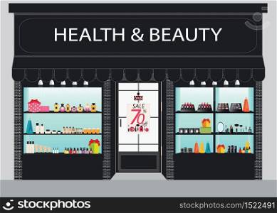 Cosmetics store building and interior with products on shelves, shopping, beauty shop, cosmetic products, beauty salon shoppin, health and beauty vector illustration.