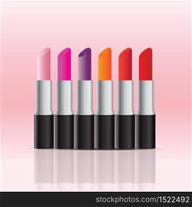 Cosmetics store display products of color lipsticks, multicolored lipsticks, Makeup, vector illustration.