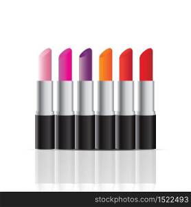 Cosmetics store display products of color lipsticks on white background, multicolored lipsticks, Makeup, vector illustration.