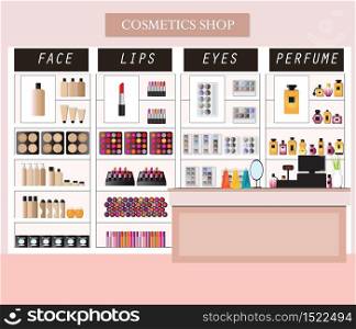 Cosmetics store interior with products on shelves, shopping, beauty shop, cosmetic products, health and beauty vector illustration.