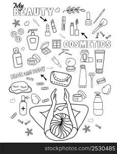 cosmetics travel doodle set. Tourist girl. My beauty. Collects creams, cosmetics for face and body beauty on his journey. drawings are isolated on a white background.