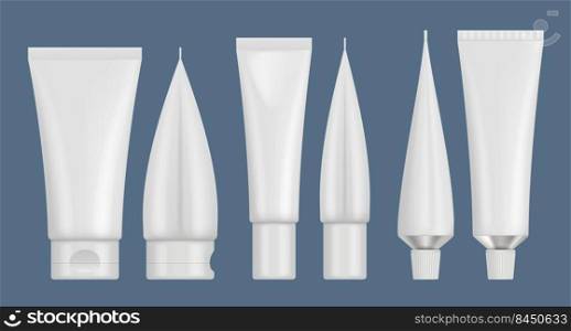 Cosmetics tube. Realistic white packs templates for gel cosmetics packages for cream decent vector illustrations set. Cosmetic package and tube plastic. Cosmetics tube. Realistic white packs templates for gel cosmetics packages for cream decent vector illustrations set