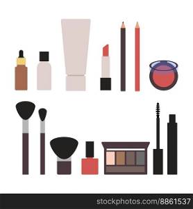 Cosmetics, vector set. Lipstick, mascara, pencils, powder and shadows, brushes, nail polish, jars of cosmetics.