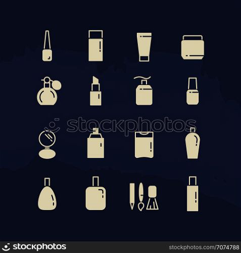 Cosmetis silhouettes and line icons on blue backdrop. Vector illustration. Cosmetis silhouettes and line icons