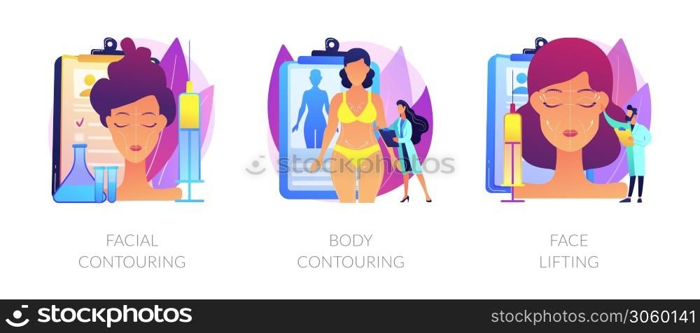 Cosmetological procedures, contour plastic, anaplasty, rejuvenation and weight loss. Facial contouring, body contouring, face lifting metaphors. Vector isolated concept metaphor illustrations.. Beauty medical services vector concept metaphors.
