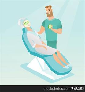 Cosmetologist applying cosmetic mask on face of a woman in a beauty salon. Woman with mask relaxing in a beauty salon. Girl having beauty treatments. Vector flat design illustration. Square layout.. Cosmetologist making beauty treatments to a woman.