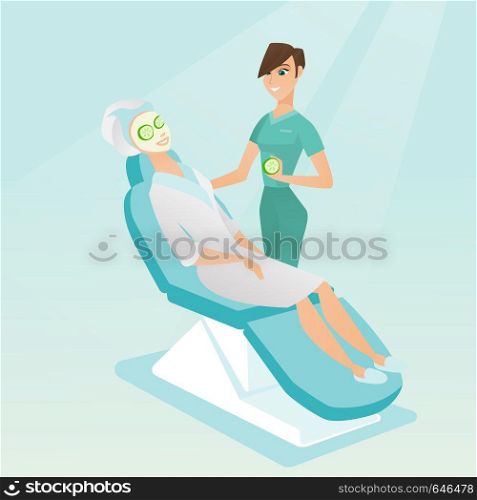 Cosmetologist applying cosmetic mask on face of a woman in a beauty salon. Woman with mask relaxing in a beauty salon. Girl having beauty treatments. Vector flat design illustration. Square layout.. Cosmetologist making beauty treatments to a woman.