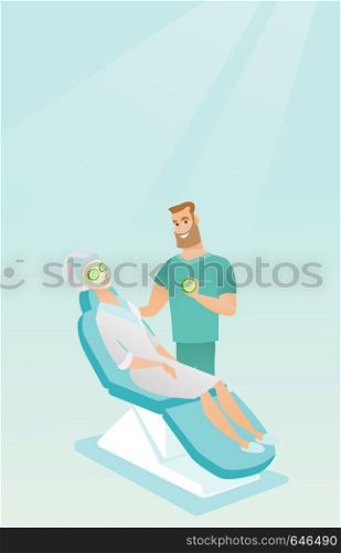 Cosmetologist applying cosmetic mask on face of a woman in a beauty salon. Woman with mask relaxing in a beauty salon. Girl having beauty treatments. Vector flat design illustration. Vertical layout.. Cosmetologist making beauty treatments to a woman.
