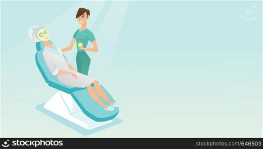Cosmetologist applying cosmetic mask on face of a woman in a beauty salon. Woman with mask relaxing in a beauty salon. Girl having beauty treatments. Vector flat design illustration. Horizontal layout. Cosmetologist making beauty treatments to a woman.