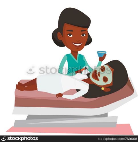 Cosmetologist applying cosmetic mask on face of client in beauty salon. Young woman lying on table in salon during beauty treatment. Vector flat design illustration isolated on white background.. Woman in beauty salon during cosmetology procedure