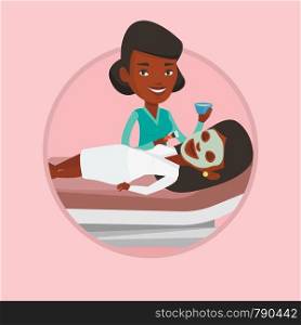 Cosmetologist applying cosmetic mask on face of client in beauty salon. Woman lying on table in salon during cosmetology procedure. Vector flat design illustration in the circle isolated on background. Woman in beauty salon during cosmetology procedure