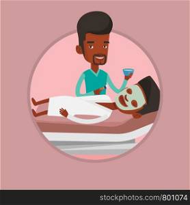 Cosmetologist applying cosmetic mask on face of client in beauty salon. Man lying on table in salon during cosmetology procedure. Vector flat design illustration in the circle isolated on background.. Man in beauty salon during cosmetology procedure