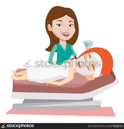 Cosmetologist applying cosmetic mask on face of female client in beauty salon. Woman lying on table in salon during cosmetology procedure. Vector flat design illustration isolated on white background.. Woman in beauty salon during cosmetology procedure