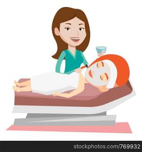 Cosmetologist applying cosmetic mask on face of female client in beauty salon. Woman lying on table in salon during cosmetology procedure. Vector flat design illustration isolated on white background.. Woman in beauty salon during cosmetology procedure