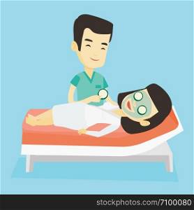 Cosmetologist applying cosmetic mask on face of woman in beauty salon. Woman with face mask relaxing in beauty salon. Woman having beauty treatments. Vector flat design illustration. Square layout.. Cosmetologist making beauty treatments to woman.