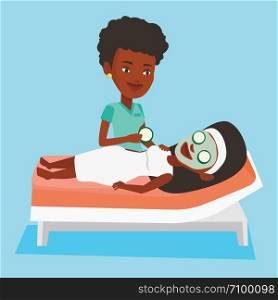 Cosmetologist applying cosmetic mask on face of woman in beauty salon. Woman with face mask relaxing in beauty salon. Girl having beauty treatments. Vector flat design illustration. Square layout.. Cosmetologist making beauty treatments to woman.