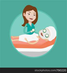 Cosmetologist applying cosmetic mask on face of woman in beauty salon. Caucasian woman with face mask relaxing in beauty salon. Vector flat design illustration in the circle isolated on background.. Cosmetologist making beauty treatments to woman.