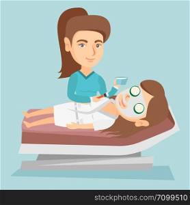 Cosmetologist applying facial cosmetic mask on face of a client in beauty salon. Young woman lying on table in salon during cosmetology procedure. Vector cartoon illustration. Square layout.. Woman during cosmetology procedure in beauty salon