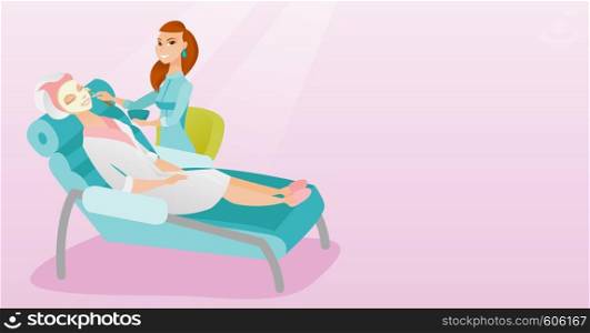Cosmetologist applying facial cosmetic mask on face of client in beauty salon. Young woman lying on table in salon during cosmetology procedure. Vector flat design illustration. Horizontal layout.. Woman in beauty salon during cosmetology procedure