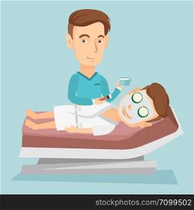 Cosmetologist applying facial cosmetic mask on face of client in beauty salon. Young man lying on table in beauty salon during cosmetology procedure. Vector flat design illustration. Square layout.. Man in beauty salon during cosmetology procedure