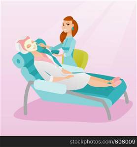 Cosmetologist applying facial cosmetic mask on face of female client in beauty salon. Young woman lying on table in salon during cosmetology procedure. Vector flat design illustration. Square layout.. Woman in beauty salon during cosmetology procedure