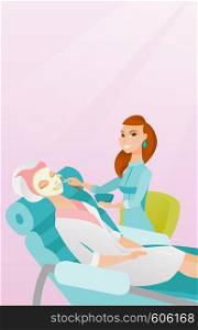 Cosmetologist applying facial cosmetic mask on face of female client in beauty salon. Young woman lying on table in salon during cosmetology procedure. Vector flat design illustration. Vertical layout. Woman in beauty salon during cosmetology procedure