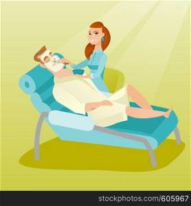Cosmetologist applying facial cosmetic mask on face of male client in beauty salon. Young man lying on table in salon during cosmetology procedure. Vector flat design illustration. Square layout.. Man in beauty salon during cosmetology procedure