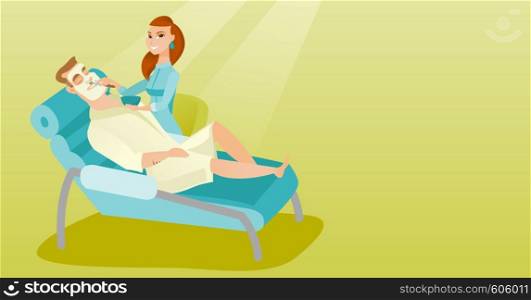 Cosmetologist applying facial cosmetic mask on face of male client in beauty salon. Young man lying on table in salon during cosmetology procedure. Vector flat design illustration. Horizontal layout.. Man in beauty salon during cosmetology procedure
