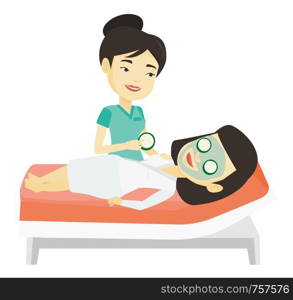 Cosmetologist applying mask on face of woman in beauty salon. Woman with mask relaxing in beauty salon. Woman having beauty treatments. Vector flat design illustration isolated on white background.. Cosmetologist making beauty treatments to woman.